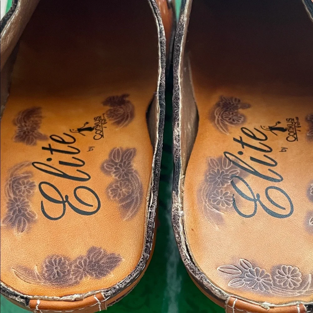 Elite Brown Leather Embroidered Slip-On Mules - Picture 3 of 12